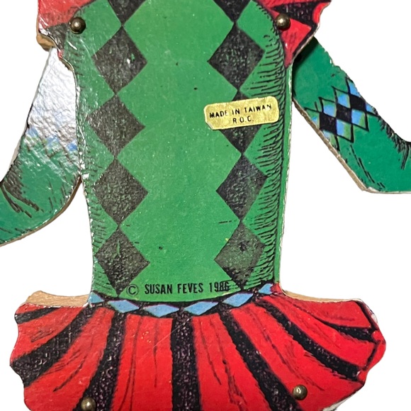 Vintage 80's Susan Feves Jester Clown Jumping Jack PullString Christmas Ornament - Picture 9 of 9